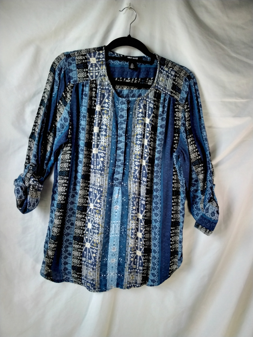 Nine West Blue Multi-Pattern Roll-Tab Tunic Top